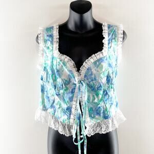 Love + Harmony Sleeveless Floral Tie Front Crop Lace Trim Tank Top Blue Medium